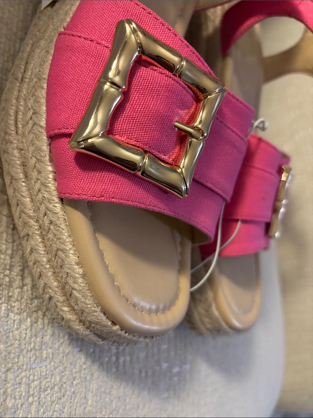 Crown & Ivy Hot Pink Espadrille Wedge Sandals with Gold Buckles - Picture 6 of 9